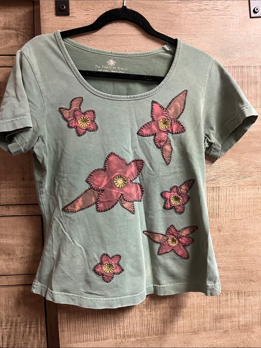 The Territory Ahead Sage Green Tee with Pink Floral Appliqués